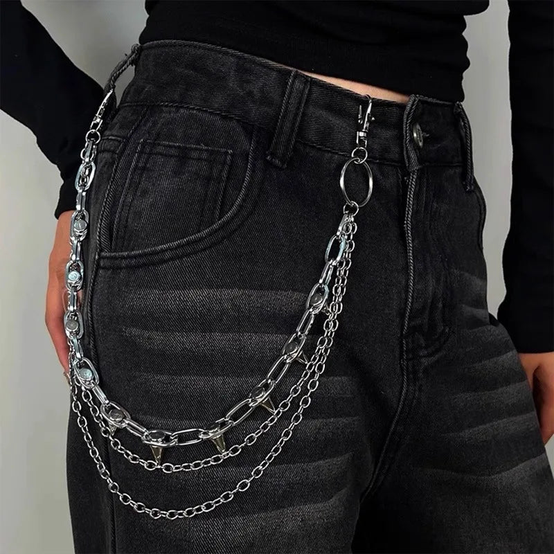 Silver Punk Double-Layer Waist Chain Rivet Decorations Adjustable Length Metal Belt for Women Men Street Style Belts Pants Chain