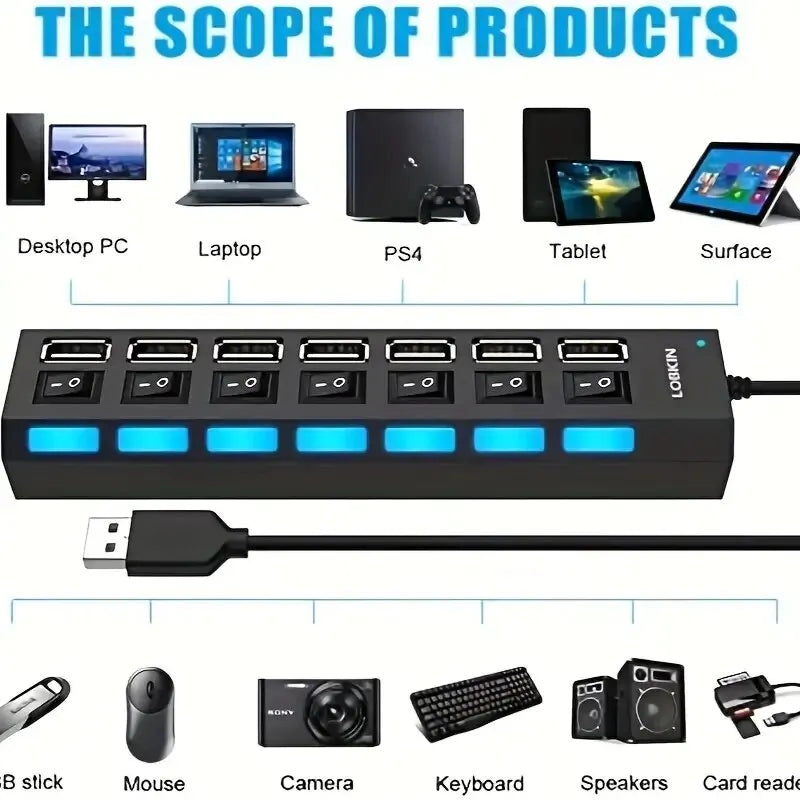 Hoëspoed 4/7 Poorte USB HUB 2.0 Adapter Uitbreider Multi USB-verdeeler Meervoudige verlenger met LED-lampskakelaar vir rekenaar skootrekenaar