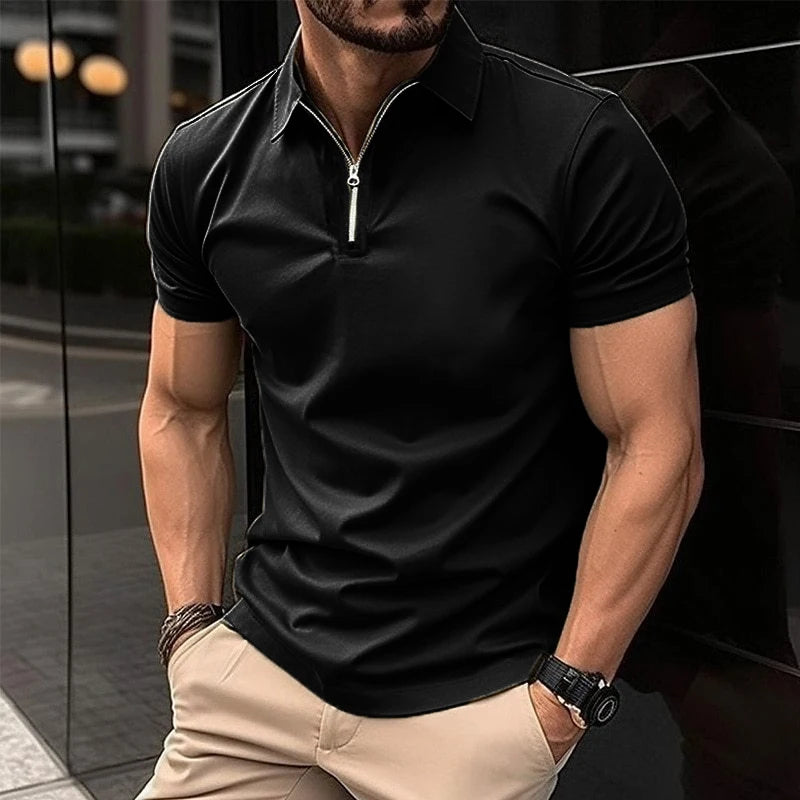 Men's Solid Color Polo Shirt Short Sleeve Zipper Collar Tshirts &for Men Summer Turn-Down Streetwear New Male Jogger Tops