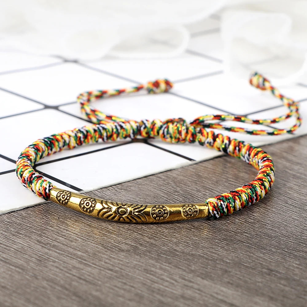 Golden Color Long Tube Braided Bracelet Lucky Red Black Thread Handmade Adjustable Bangle Men Women Buddhism Jewelry Prayer Gift