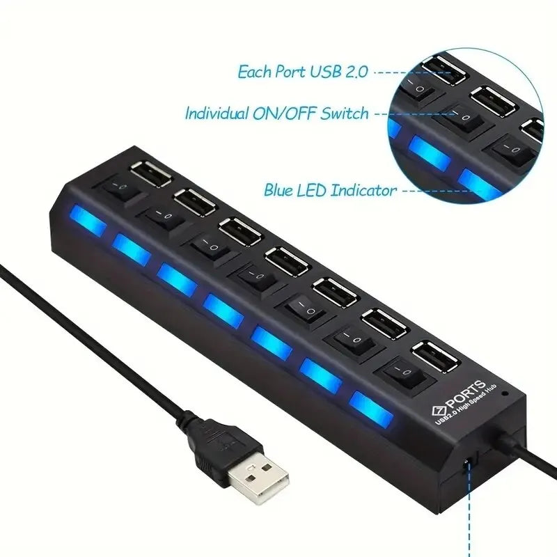 Hoëspoed 4/7 Poorte USB HUB 2.0 Adapter Uitbreider Multi USB-verdeeler Meervoudige verlenger met LED-lampskakelaar vir rekenaar skootrekenaar