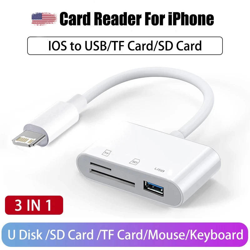 OTG 3 in 1 TF SD Card Reader Data Transmission Splitter Camera Reader Adapter for iPhone 15 14 13 12 11 XR Pro Max XR Android