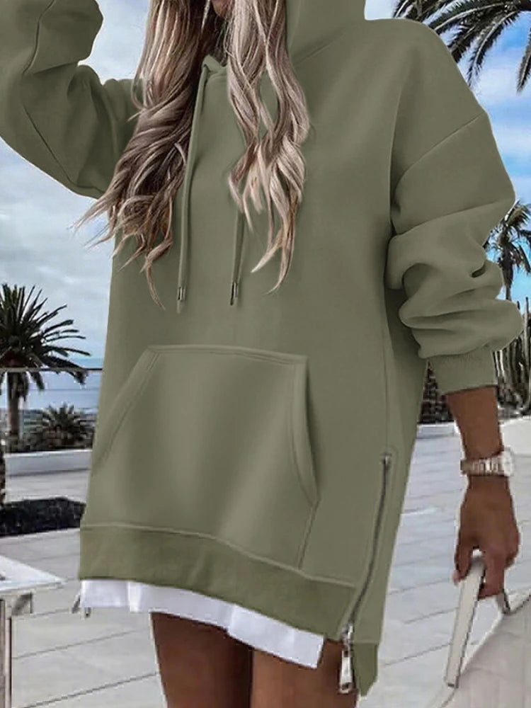 Damen Langarm Patchwork Pullover Hoodie Herbst Winter Mode Kordelzug Lockerer Reißverschluss Einfache Hoodies 2025 Top Streetwear