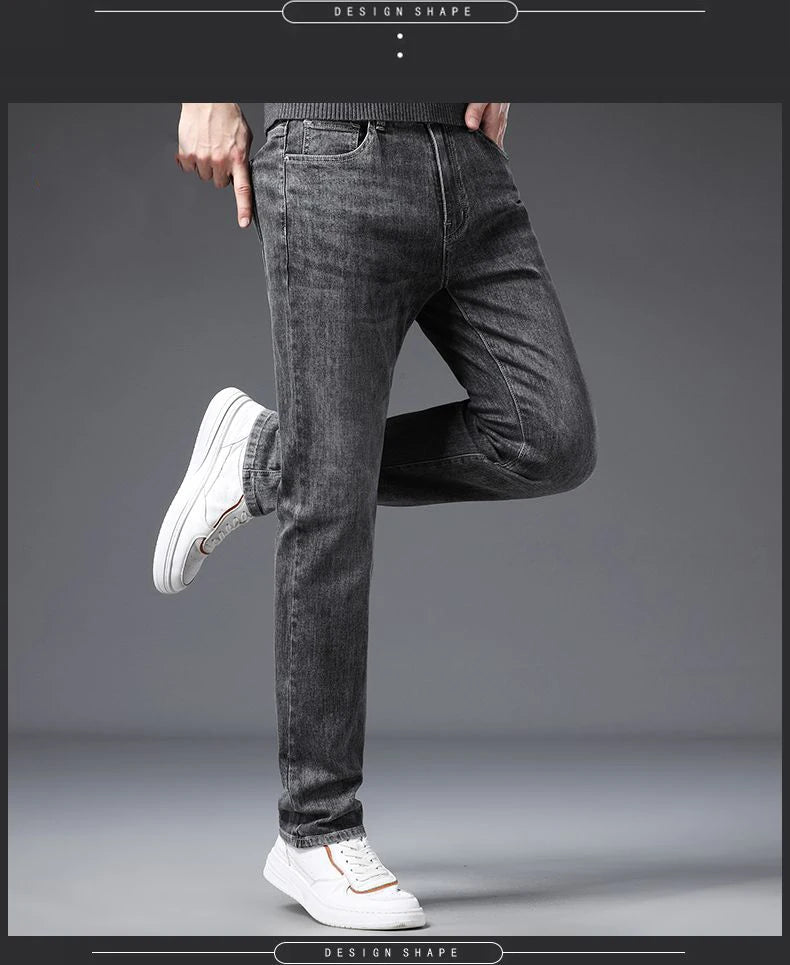 Korean Fashion Men's Soft Stretch Slim Fit Jeans Business Casual Straight Denim Pants Classic Brand Washed Blue Gray Trousers