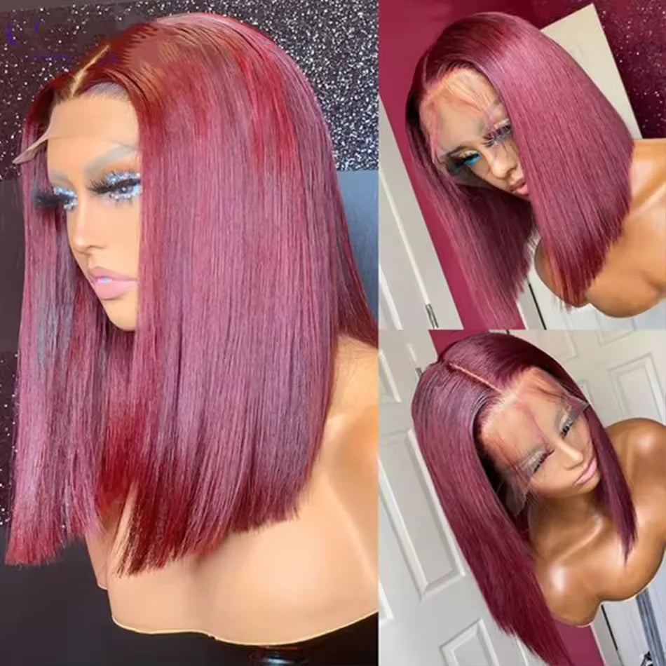8-14Inch 99J Red Straight Bob Wig V Part Lace Front Human Hair Wig For Women Pre Plucked Glueless 99J Burgundy Colored Bob Wig