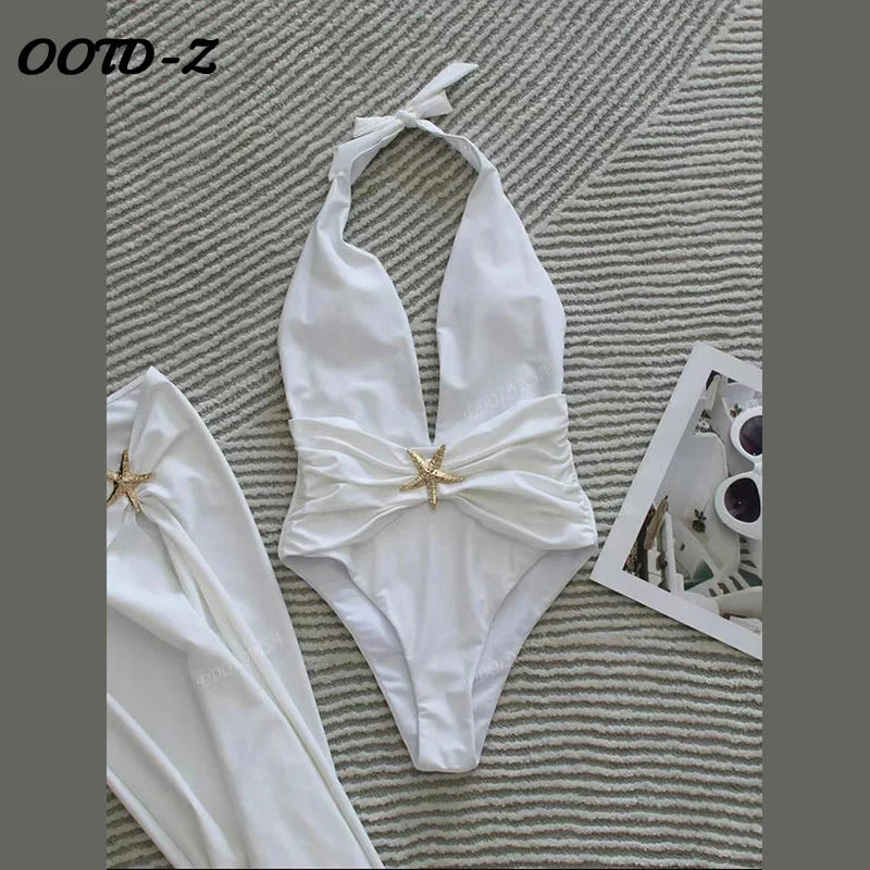 Sexy Halter Starfish Decorative Bikini Set Women 2025 Summer Solid Deep V-neck Swimsuit Side Split Skirt Lady Beach Holiday Suit