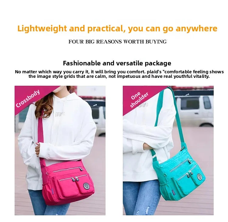Versatile Waterproof Nylon Single Shoulder Bag for Women Lightweight Travel Crossbody Bag with Internal Zipper And Polyester Lin