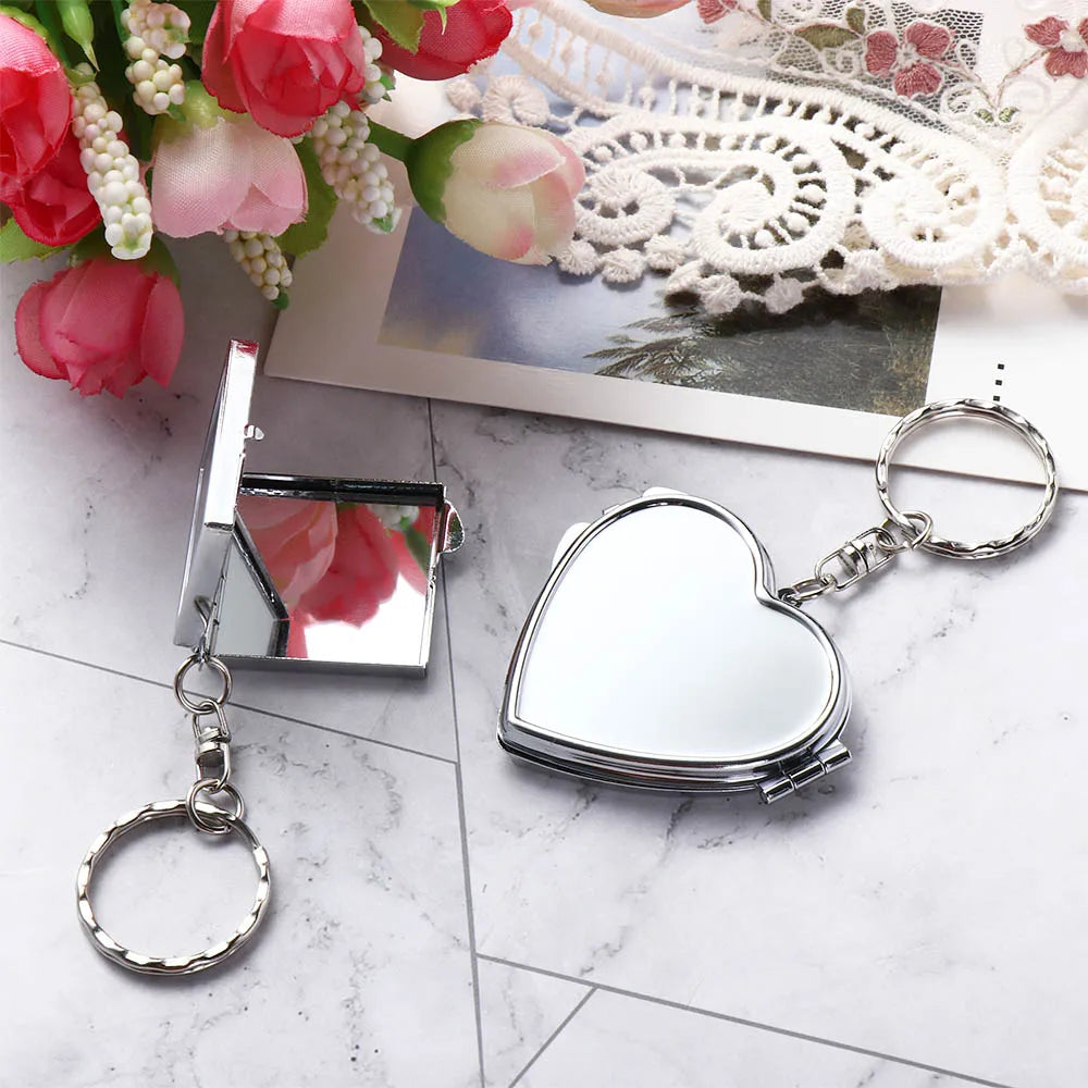 Portable Mini Folding Mirror Key Chain Round Heart Oval Sqaure Shape Pocket Compact Makeup Cosmetic Mirror With Key Ring