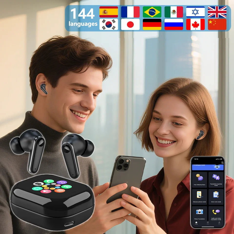 Smart Touch Screen Headphones 144 Languages Real Time Translation Bluetooth Earphone 6 Mic ANC ENC Cancelling Wireless Earbuds