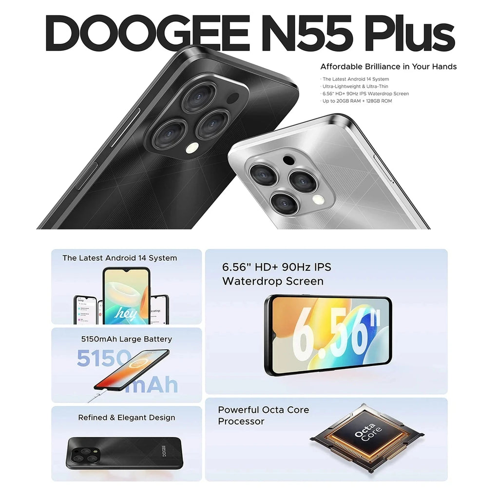 DOOGEE [N55] Smartphone 5G 6.56 "90Hz IPS Screen Telephone Portable 4GB+128GB Triple 13MP Camera 5150mAh Android 14 Mobile Phone
