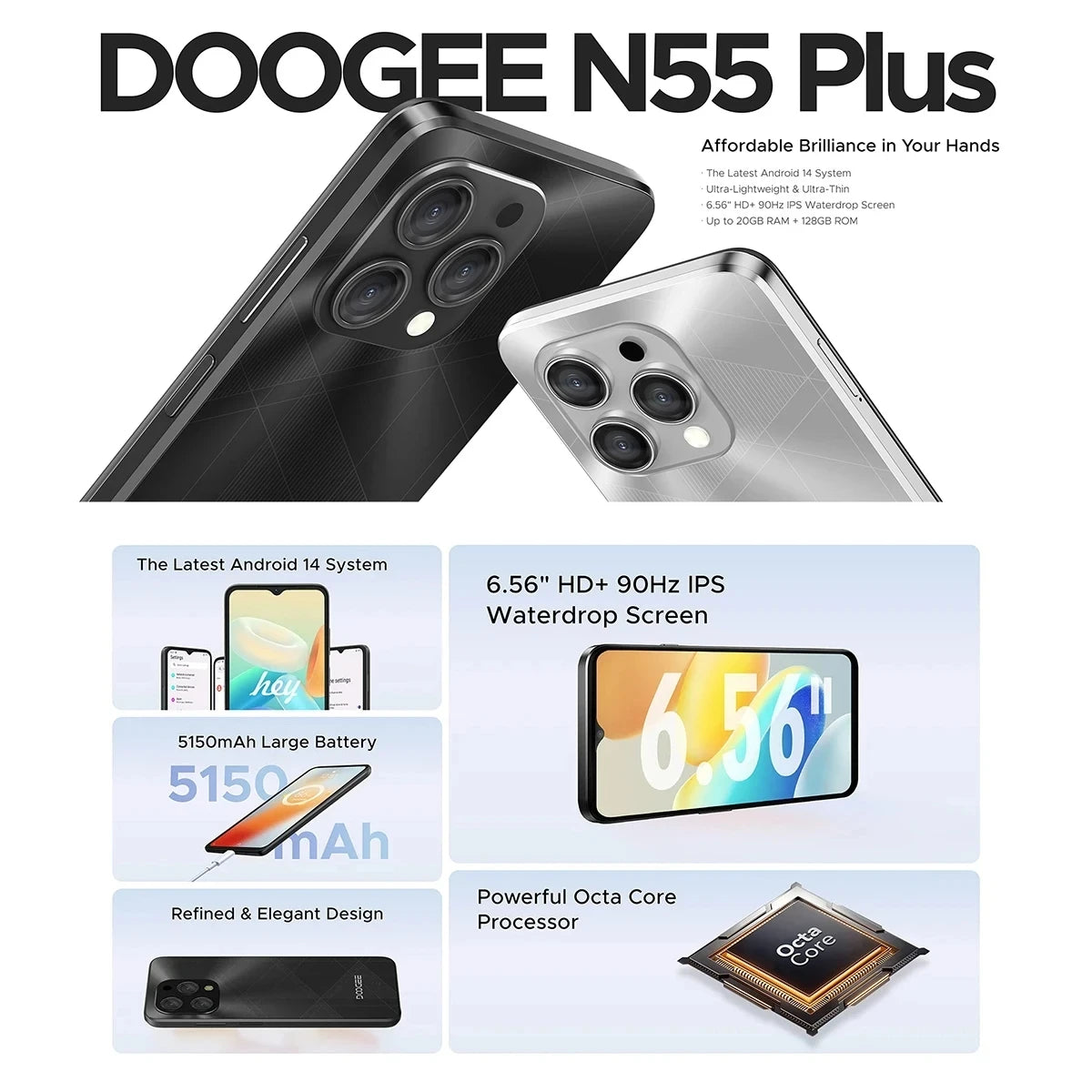 DOOGEE [N55] Smartphone 5G 6.56 "90Hz IPS Screen Telephone Portable 4GB+128GB Triple 13MP Camera 5150mAh Android 14 Mobile Phone