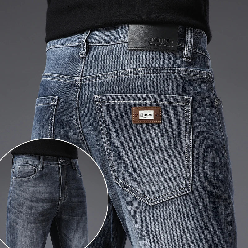 Korean Fashion Men's Soft Stretch Slim Fit Jeans Business Casual Straight Denim Pants Classic Brand Washed Blue Gray Trousers