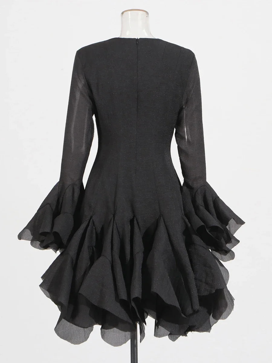 TWOTWINSTYLE Solid Slimming Spliced Folds Dresses for Women Round Neck Long Sleeves Patchwork Buttons Dress Female Clothing New