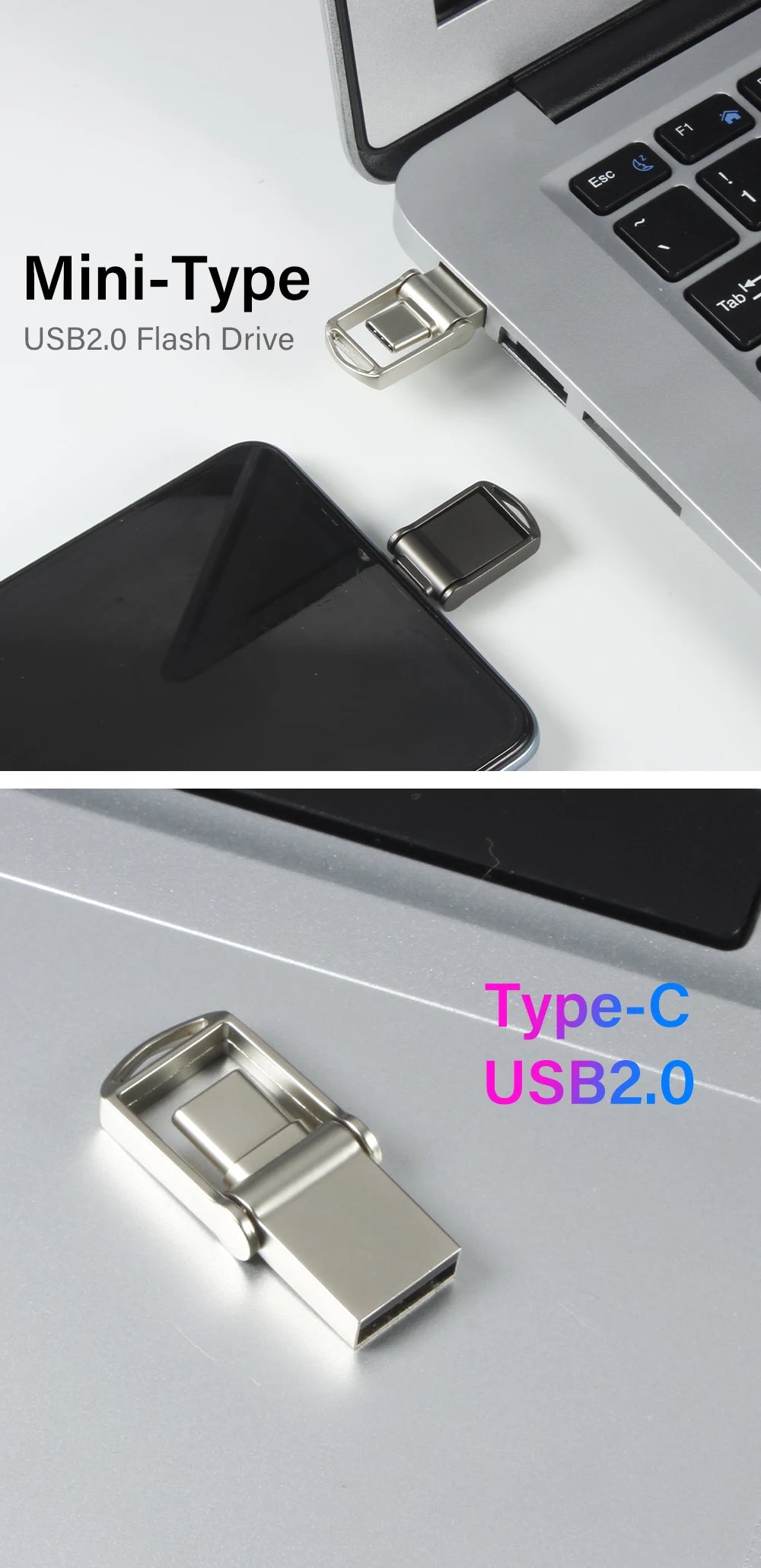 Metal Mini TYPE-C 2 IN 1 USB Dual Flash Drive 64GB Tiny Pen Drive 32GB Key Chain Memoria USB Memory Disk 128G 16GB Pendrives