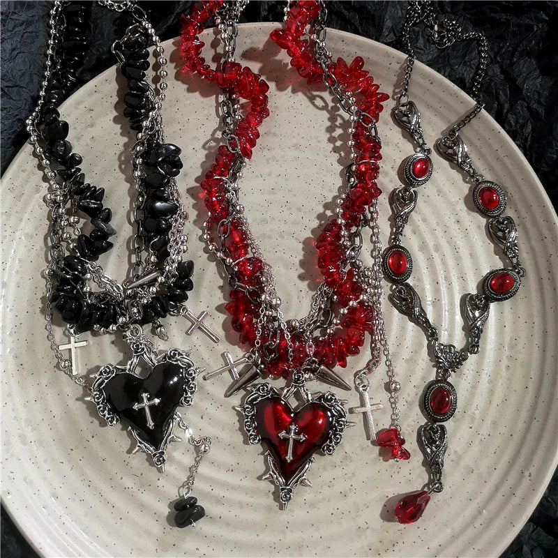 Goth Vintage Y2K Dark Red Heart Cross Pendant Irregular Stone Bead Choker Necklace Women Punk Halloween Grunge EMO Accessories