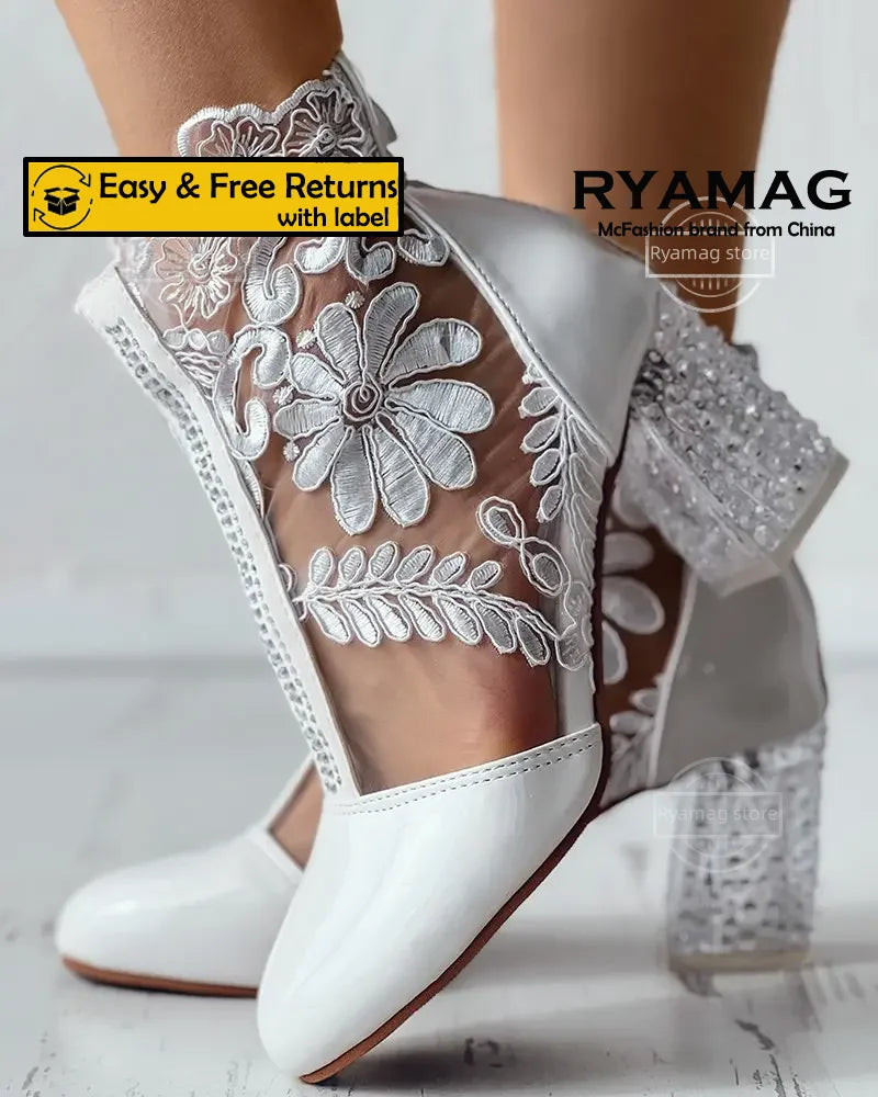Women's Boots Floral Embroidery Clear Chunky Heel Boots Hollow Lace Chunky Heel Ankle Back Zip High Heels Bota Verano Mujer