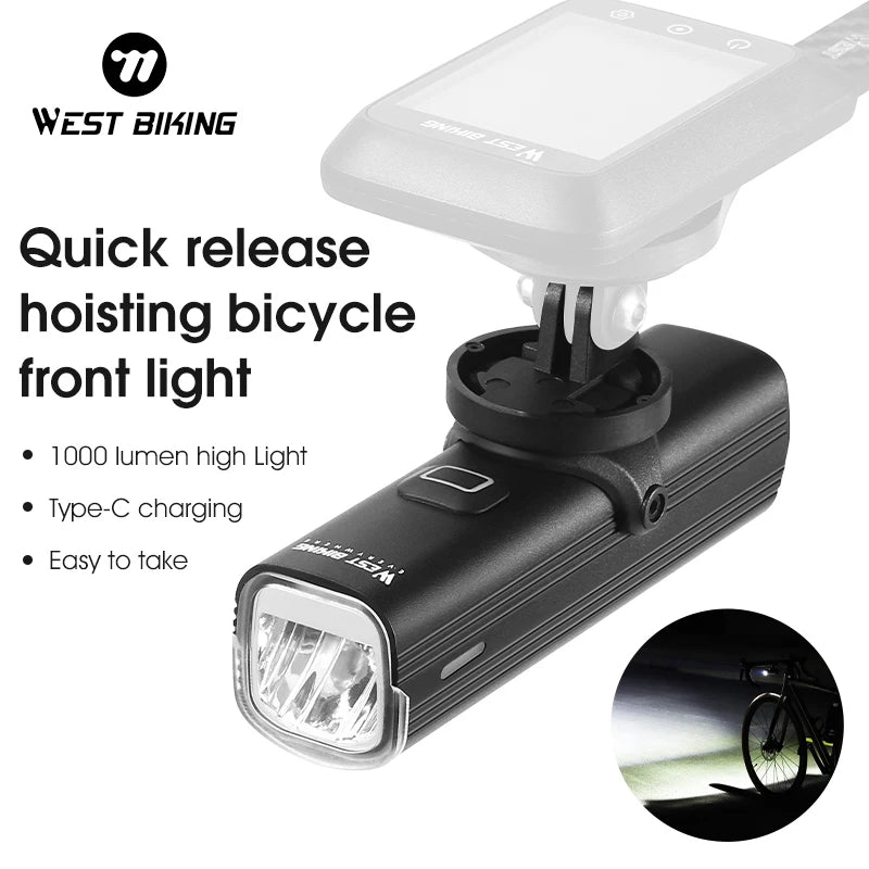 WEST BIKING Schnellverschluss Hebe Fahrradlicht 1000LM Hochhelles Fahrradlicht Type-C Aufladung Tragbare Fahrradtaschenlampe