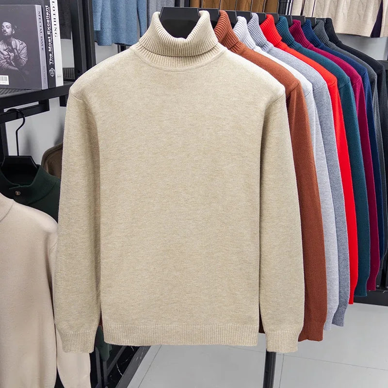 Autumn Mens High Quality Knitted Turtleneck Sweater Slim Fit Long Sleeve Anti-pilling Pullover Solid Color Trend Men Streetwea