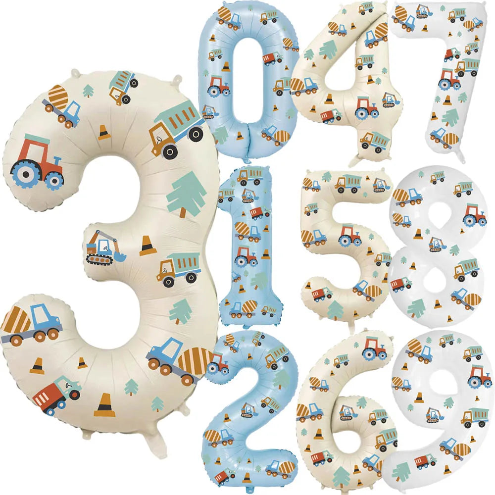 32in Foil Number Balloons with Construction Vehicle Stickers, 0-9 for Birthday Party Home Decor, Graduation/Halloween/