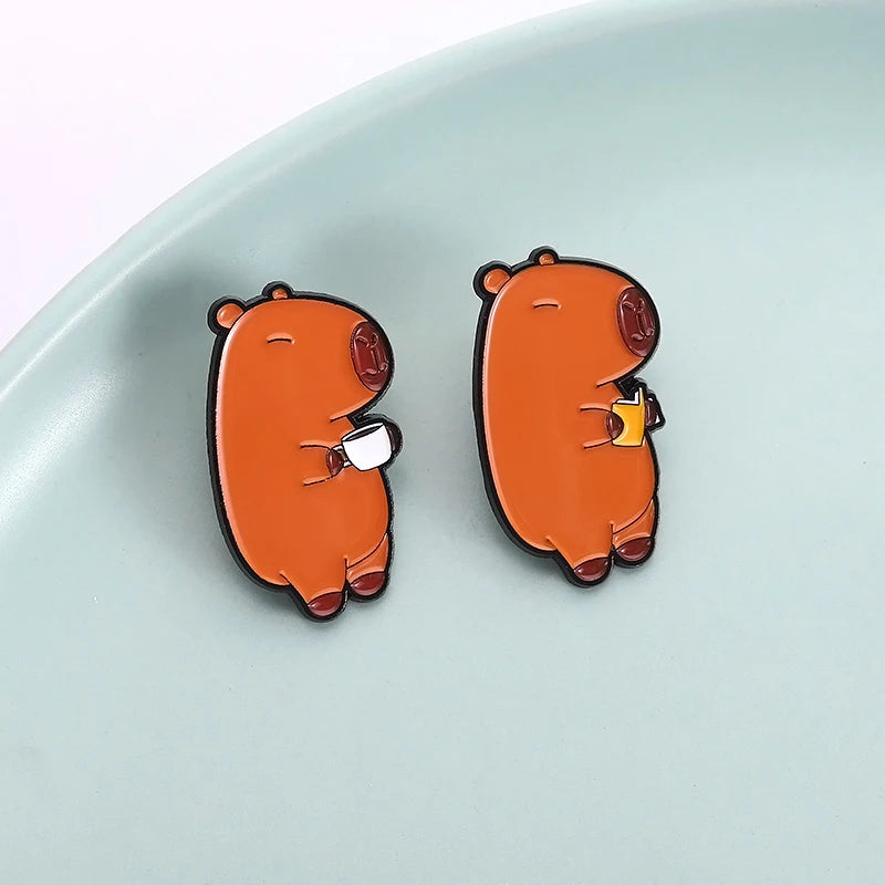 Cute Capybara Animal Enamel Pins Cartoon Cappy with Coffee Metal Brooches Lapel Badge Funny Animal Jewelry Gifts for Friends