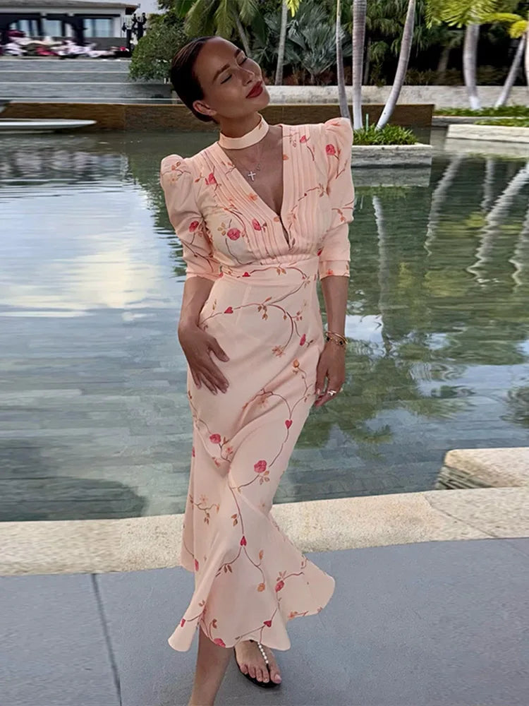 Sexy Print Deep V-neck Midi Dress Women Pleat Slim Puff Half Sleeve Party Holiday Dresses 2025 Summer Lady High Waist Robes