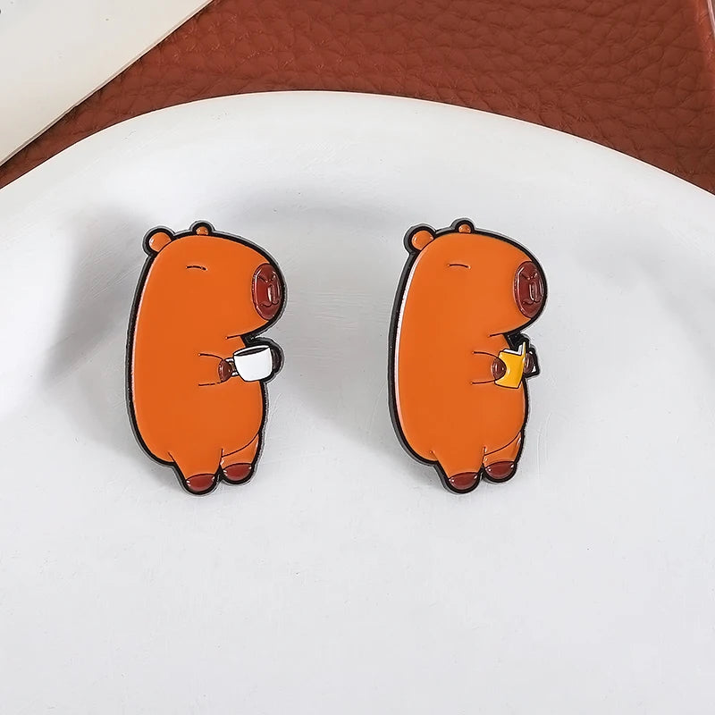 Cute Capybara Animal Enamel Pins Cartoon Cappy with Coffee Metal Brooches Lapel Badge Funny Animal Jewelry Gifts for Friends