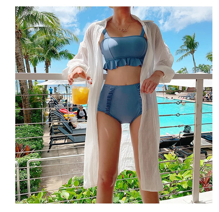 High Waist Women's Bikini Set Padded Ruffle Biquini Suit Two Pieces Swimwear Swimsuit High Quality Beach Suit 2023