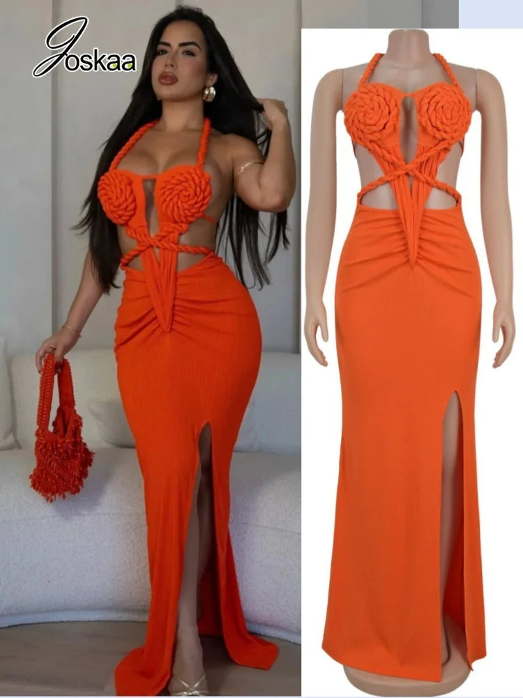 Joskaa Women Summer Knit Halter Long Dress Sexy Hollow Backless Slit Bodycon Maxi Dresses Holiday Party Club Beachwear S-XXL