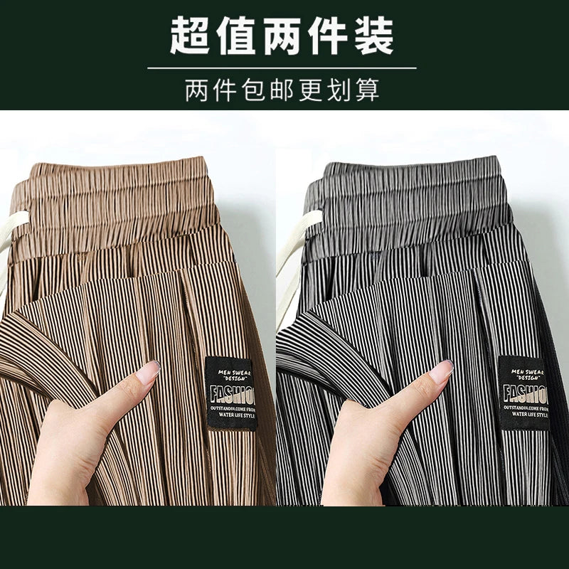 Summer Ice Silk Elastic Waist Sports Pants Men's Lightweight Straight Leg Casual Trousers Youth Fashionable Loose Fit