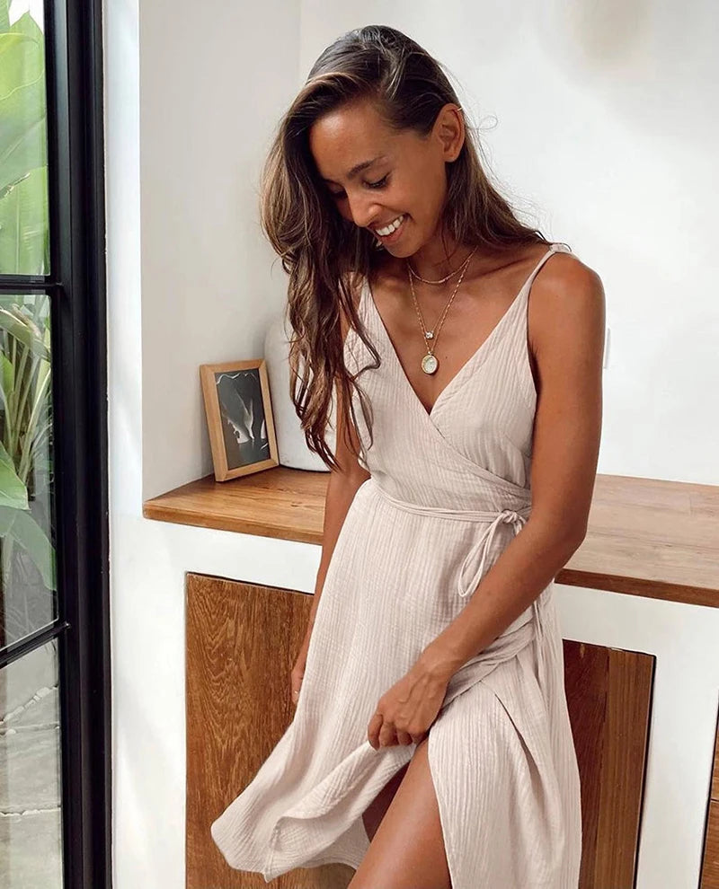 Casual 100% Cotton Gauze Muslin Women'S Dresses Summer Sexy V-Neck Suspender Nightdress Wrap Slit Holiday Beach Party Vestidos