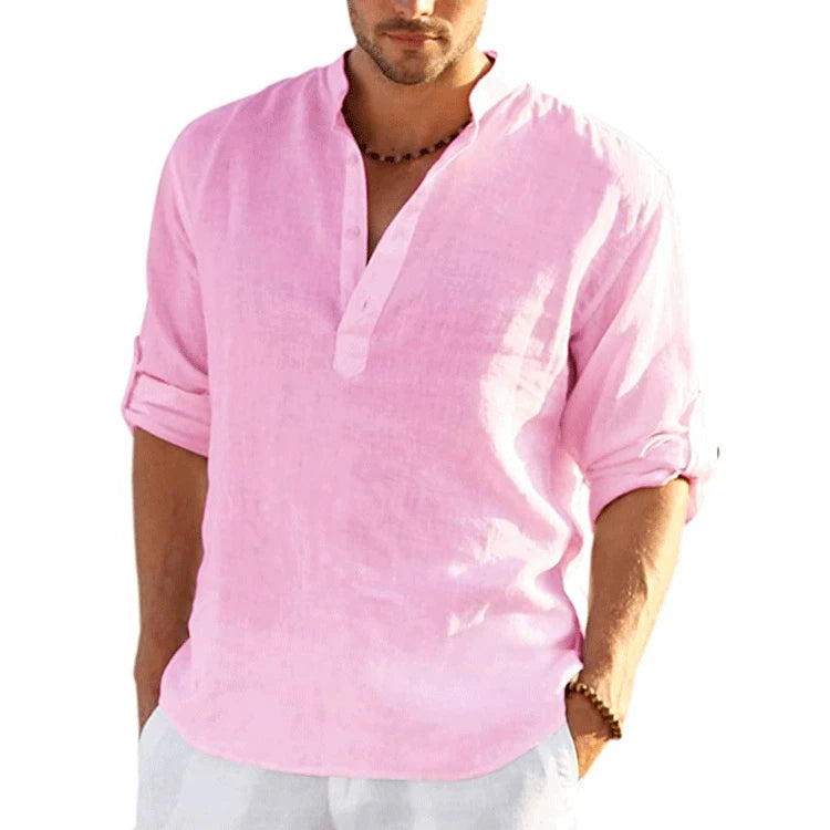 New Men's Linen Long Sleeve T-Shirt Solid Color Loose Spring T-Shirt Long Sleeve Cotton Linen Shirt Plus Size Shirts Men