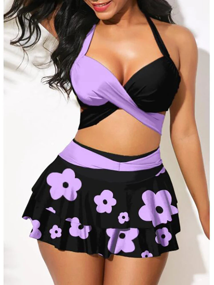 2026 Women Summer Swimsuit Push Up 2 Piece Bikini Set Female High Waist Sports Swimwear With Cover Up Skirt Bathing Suit S-3XL