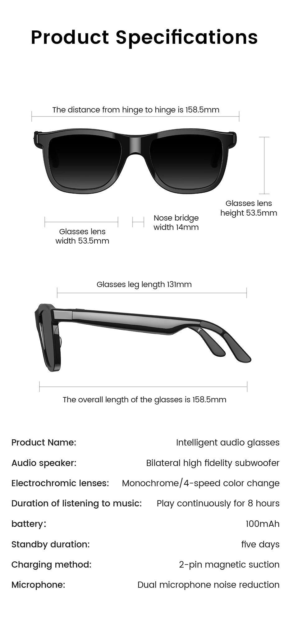 Smart Audio Glasses Voice Calls and Listening To Music Electrochromic Lenses Magnetic Charging Light and Convenient Smartglasses
