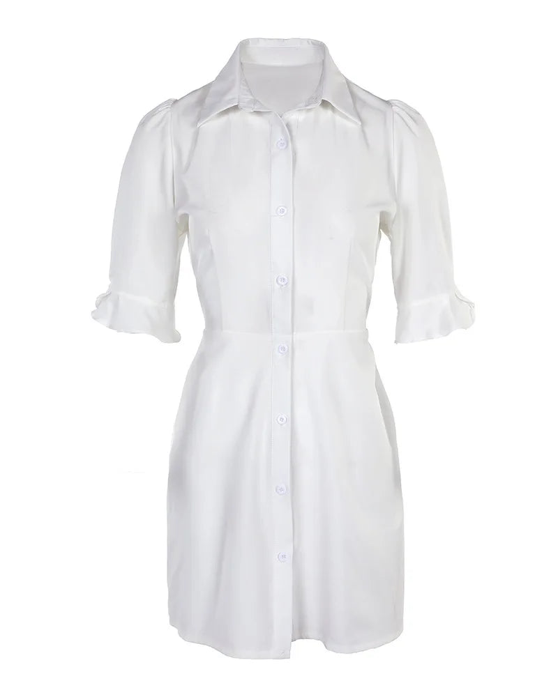 Summer Fashion White Turn-down Collar Shirt Mini Dress Elegant Women Casual Lantern Sleeve Button Pocket High Waist Slim Dresses