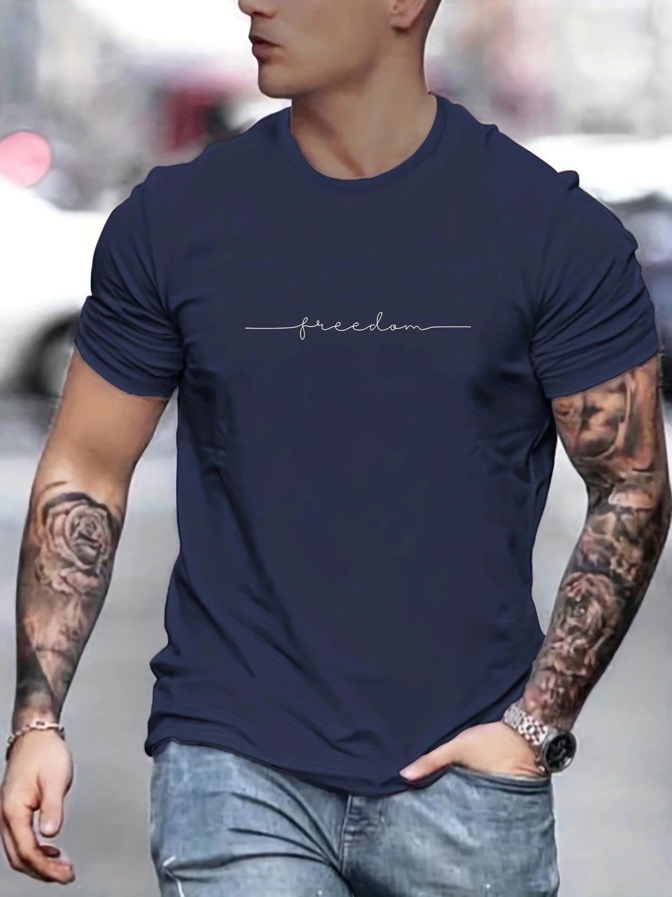 Men's Summer Loose Size 100% Cotton Freedom Graphi Print Casual Slim Fit Round Neck Short Sleeve T-shirt Top