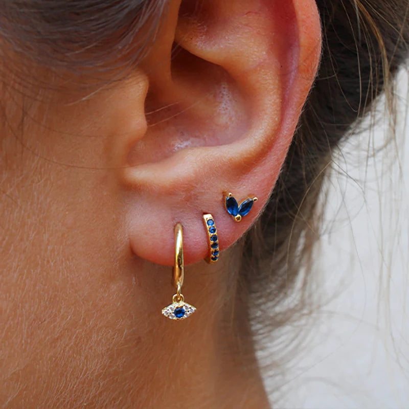 3pcs Stainless Steel Blue Zircon Evil Eye Hoop Earrings Set For Women 18K Gold Plated Cartilage Piercing Earring Fashion Jewelry