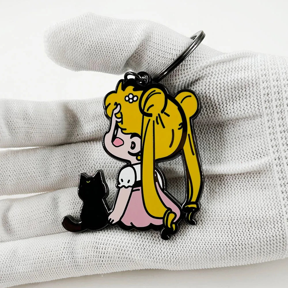 Black Cat And Magical Girl Keychain Kawaii Moon Princess Keyring Chibi Character Pendant Gift