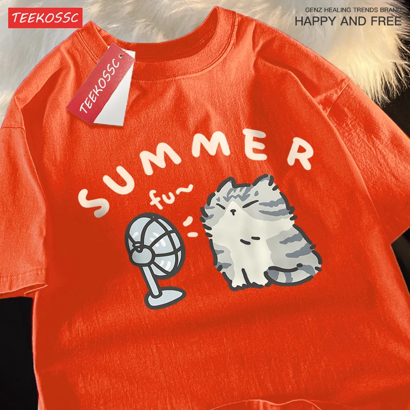 American Street Creative Blow Fan Cat Pure Cotton T-shirt for Men Women Summer Relaxed Short Sleeve Couple Wear Harajuku Top Tee