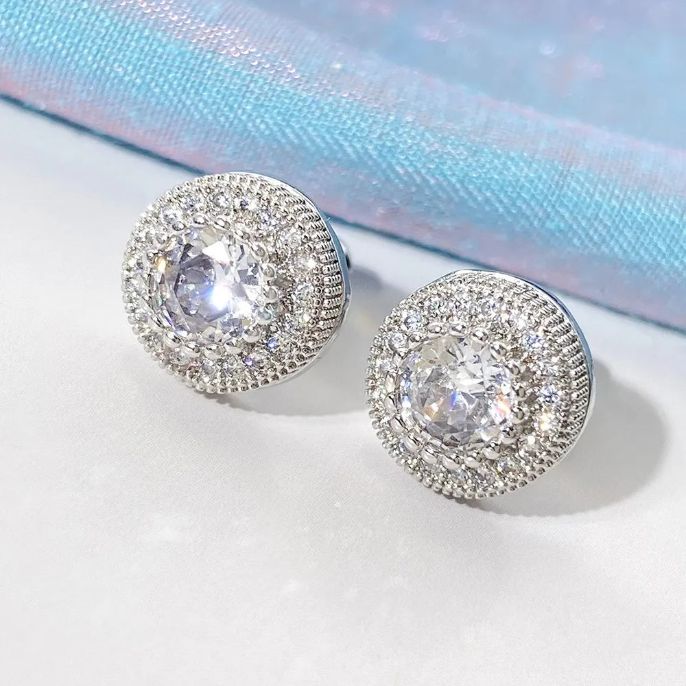 Luxury Creative Geometry Round Shining Brightly Full of Zircon Stainless Steel Stud Earrings for Women Men Hip-hop Trend Jewelry