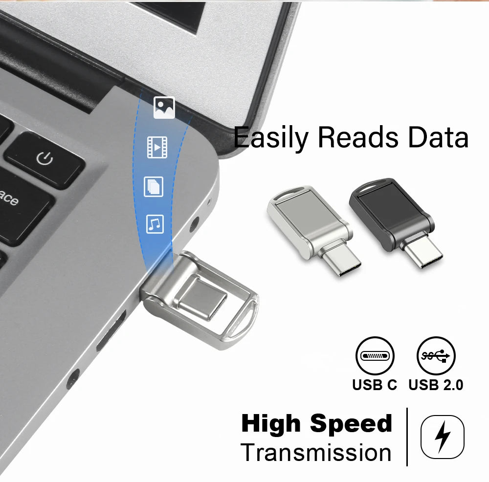 Metal Mini TYPE-C 2 IN 1 USB Dual Flash Drive 64GB Tiny Pen Drive 32GB Key Chain Memoria USB Memory Disk 128G 16GB Pendrives