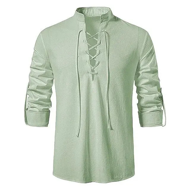 King Billion Men's Shirts Casual Men Cotton Linen Long Sleeve T-shirt Spring Autumn Vintage Shirt US Size Drawstring Neck