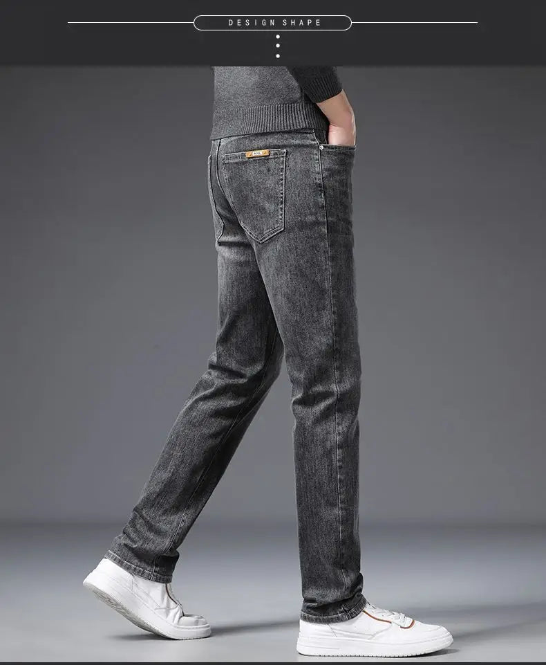 Korean Fashion Men's Soft Stretch Slim Fit Jeans Business Casual Straight Denim Pants Classic Brand Washed Blue Gray Trousers