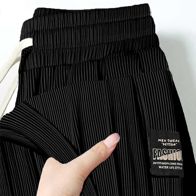 Summer Ice Silk Elastic Waist Sports Pants Men's Lightweight Straight Leg Casual Trousers Youth Fashionable Loose Fit