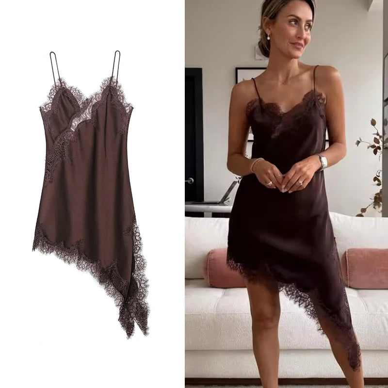 TFMLN Damen sexy Spitzen-Spleiß-Kleider Sommer einfarbig ärmelloses asymmetrisches Kleid rückenfrei schmal Damen Party Sling Minikleid