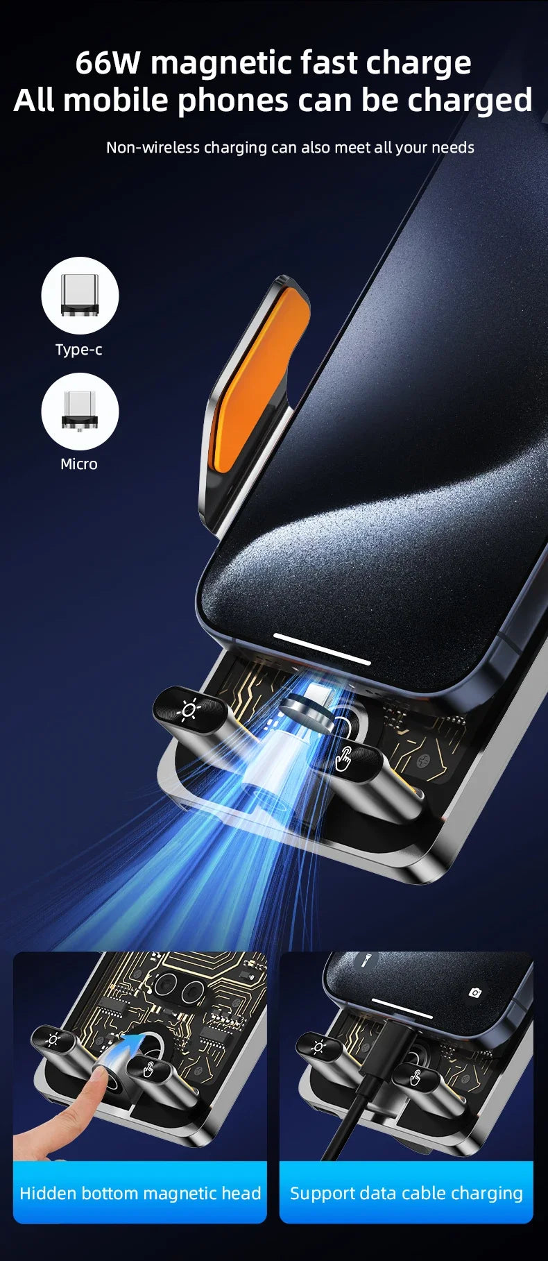 Car-mounted smartphone holder - Automatically detects air outlet. Supports 15W/66W wireless fast charging. Rotatable