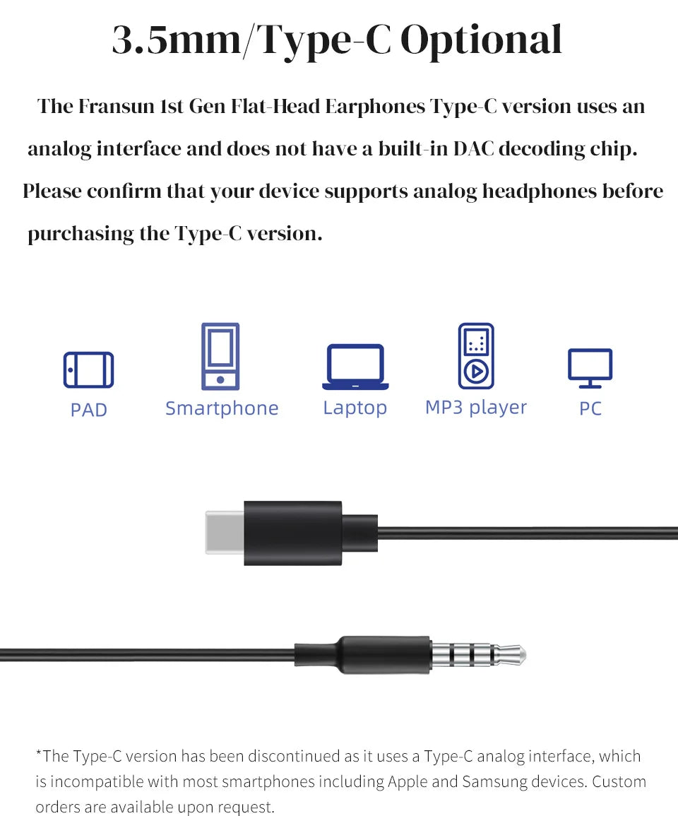 Fransun 1st Gen Flat-Head Earphones 15.4mm Dynamic Driver Earbuds 15.4mm Dynamic HiFi Sound Tears-of-Regret Headphones With Mic