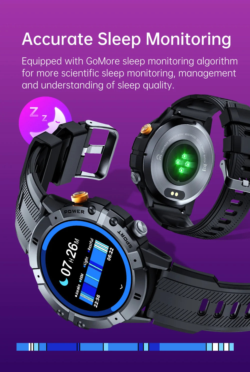 Rugged Fitness Smartwatch - 100+ Professional Sport Modes, Life Waterproof, Smart Message Notifications, Precision Sleep Tracker