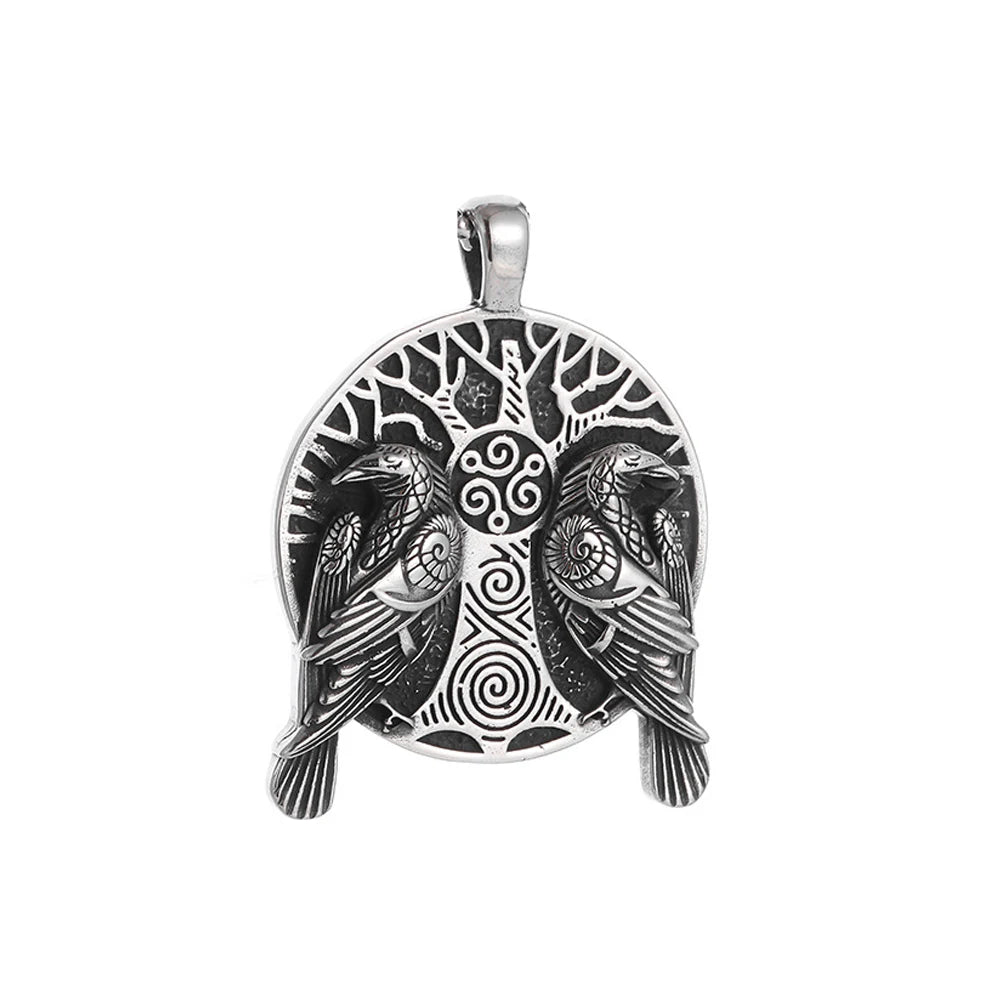 Fashion Vintage Viking Odin Double Ravens Necklace Stainless Steel Nordic Tree of Life Pendant for Men Amulet Jewelry Wholesale