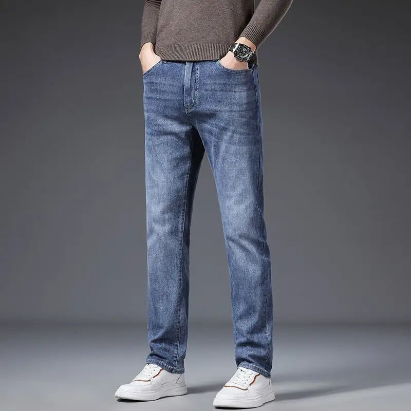 Korean Fashion Men's Soft Stretch Slim Fit Jeans Business Casual Straight Denim Pants Classic Brand Washed Blue Gray Trousers