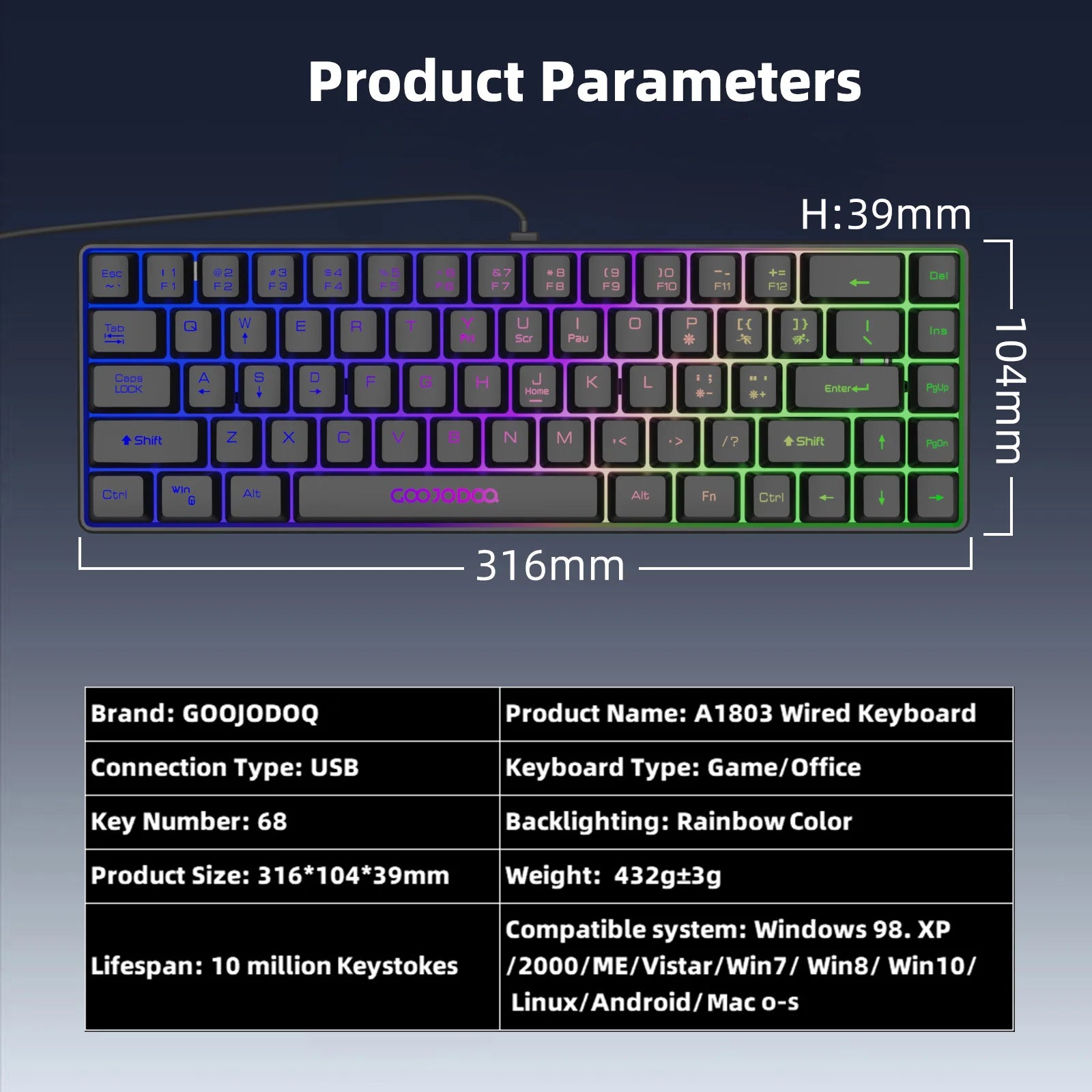 GOOJODOQ Mini 60% Gaming Keyboard Portable Wired Portable Wired Mechanical Keyboard RGB Backlit 68 Key Ultra-Compact Keyboard